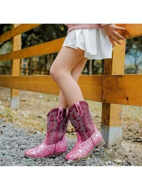Girls Cowgirl Boots Unisex-Child Mid Calf Glitter Toddler Cowboy Boot -12